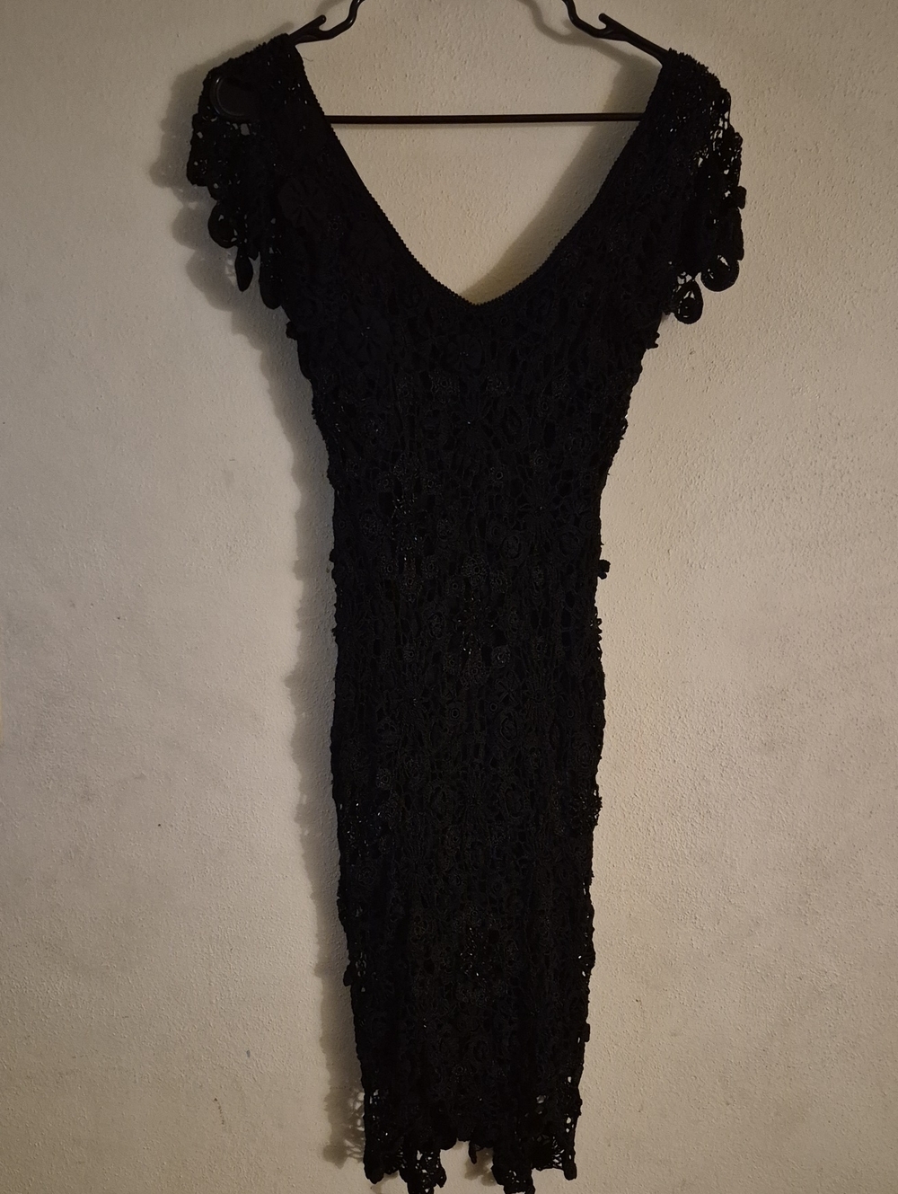 Vintage Black Crochet Lace V-Neck Asymetrical  Women’s Dress